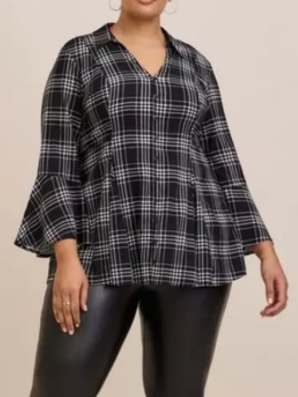 Torrid Black Plaid V-Neck Bell Sleeve Top